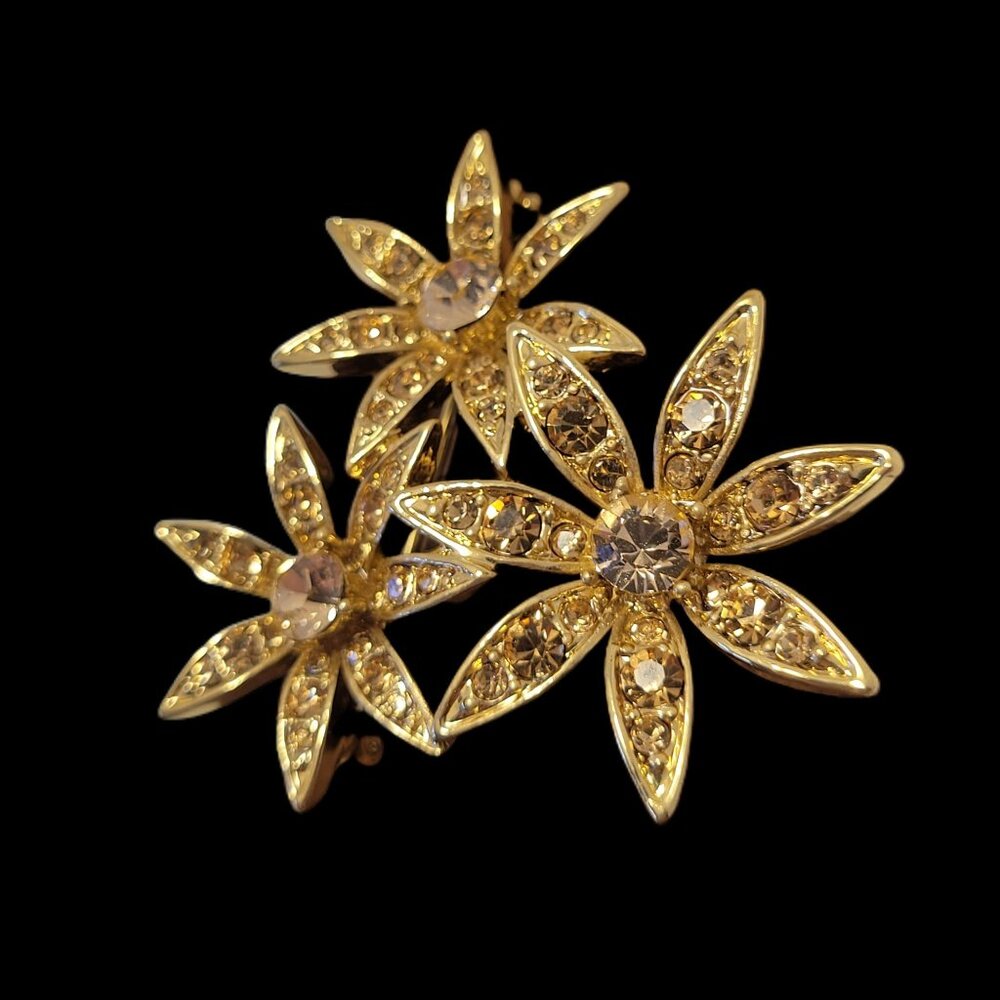 Vintage Liz Claiborne Three Flower Brooch Pink & Champagne Rhinestones